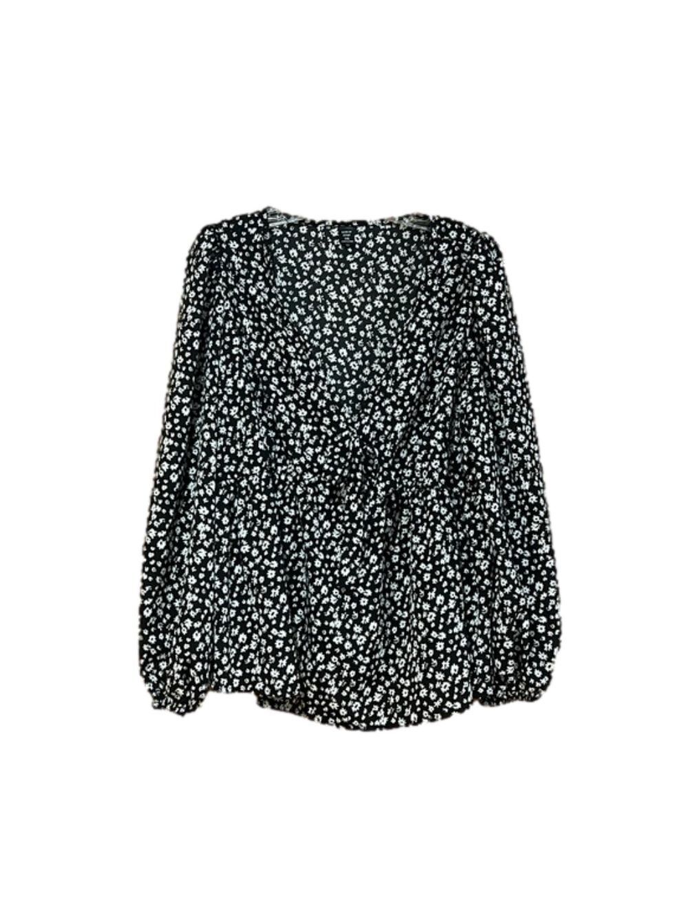 Shein Curve Black and White Floral V Neck Blouse Top
